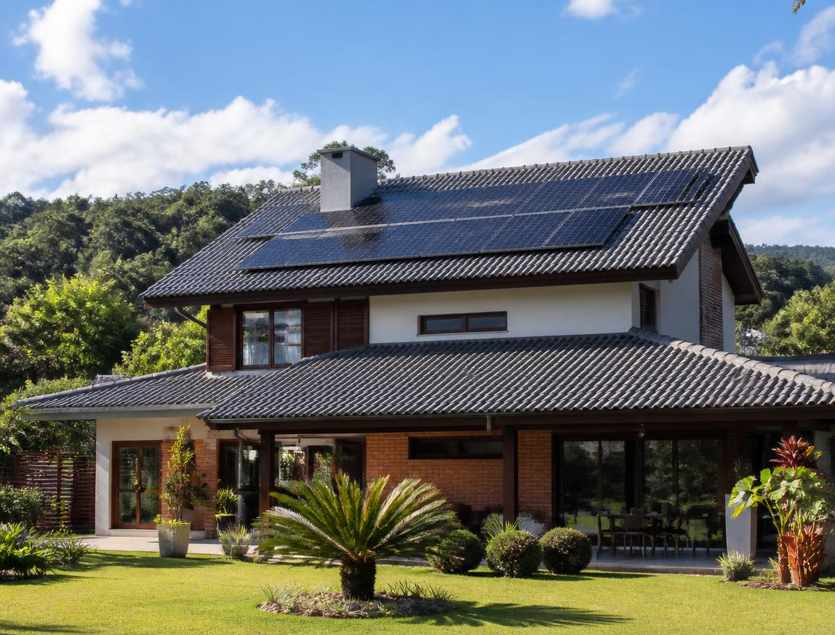 Casa com painéis solares no telhado